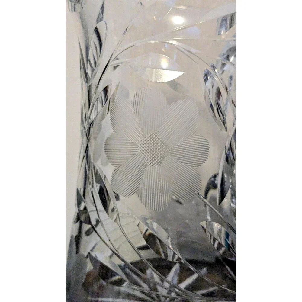 Antique Cut Glass Crystal Water Pitcher Intaglio Daisy Flower Leaf 8.5